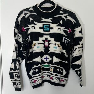 Vintage Geometric Southwestern Pattern Black and White Sweater with Color Accent